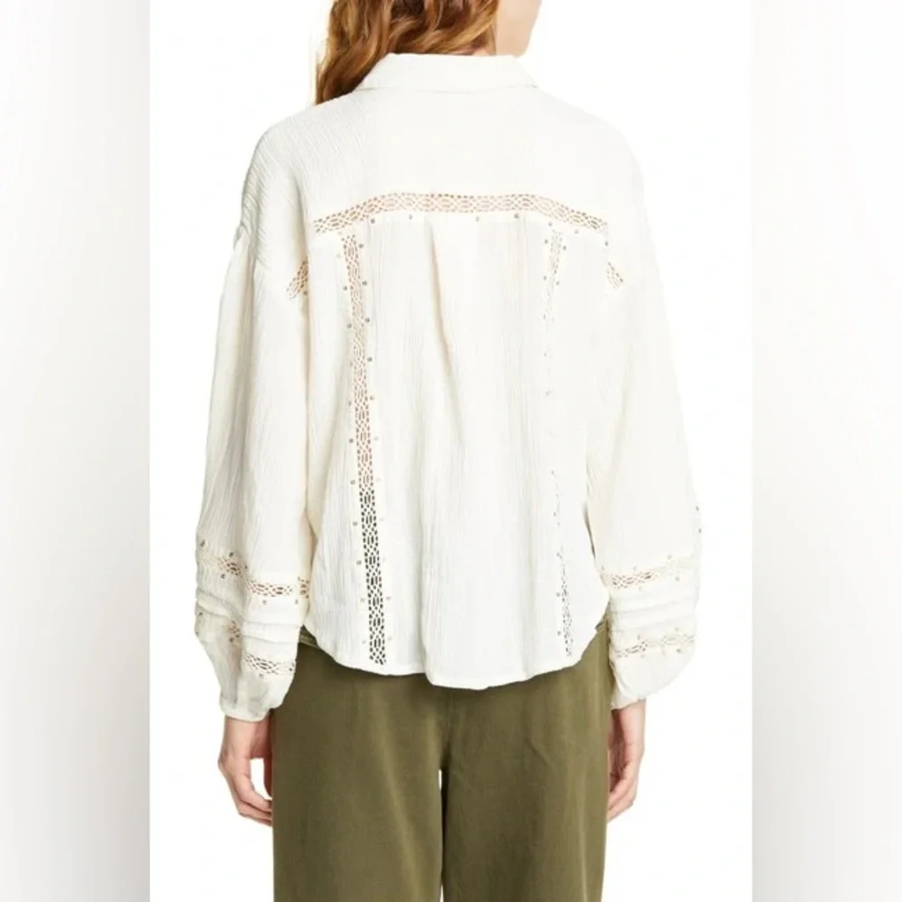 Free People Embroidered Summer Stars Ranch Style Button-Up Ivory Gauze Top XS